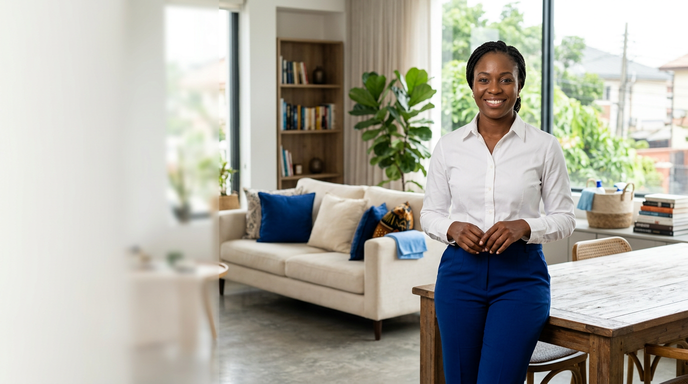 Travailleuse domestique professionnelle dans un intérieur moderne